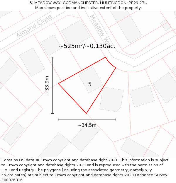 5, MEADOW WAY, GODMANCHESTER, HUNTINGDON, PE29 2BU: Plot and title map