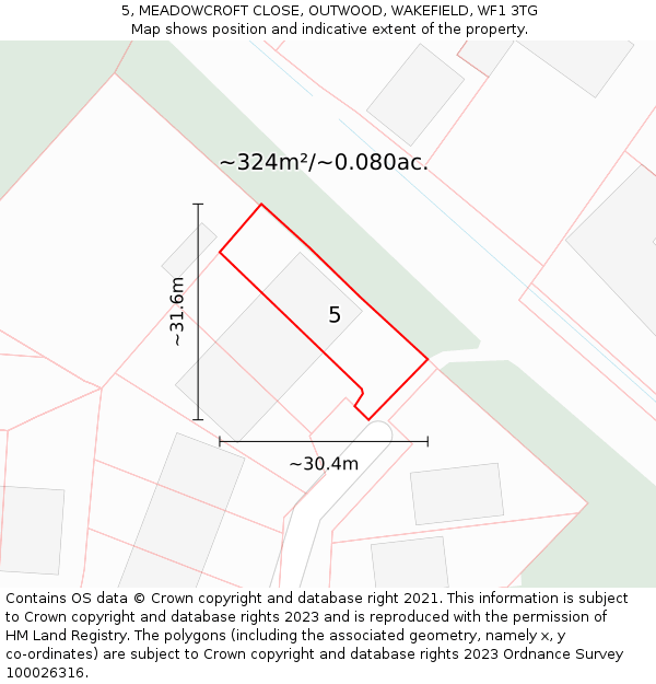 5, MEADOWCROFT CLOSE, OUTWOOD, WAKEFIELD, WF1 3TG: Plot and title map