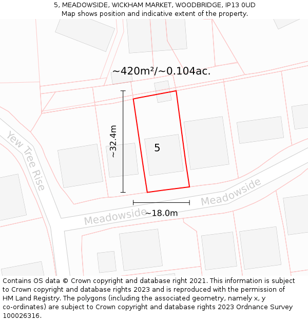 5, MEADOWSIDE, WICKHAM MARKET, WOODBRIDGE, IP13 0UD: Plot and title map