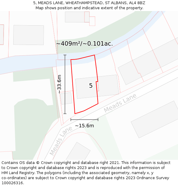 5, MEADS LANE, WHEATHAMPSTEAD, ST ALBANS, AL4 8BZ: Plot and title map