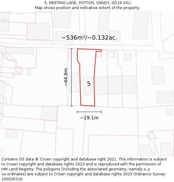 5, MEETING LANE, POTTON, SANDY, SG19 2XU: Plot and title map