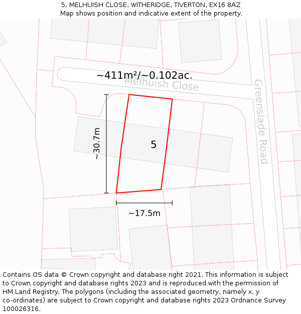 5, MELHUISH CLOSE, WITHERIDGE, TIVERTON, EX16 8AZ: Plot and title map