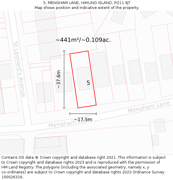 5, MENGHAM LANE, HAYLING ISLAND, PO11 9JT: Plot and title map