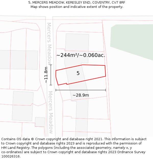 5, MERCERS MEADOW, KERESLEY END, COVENTRY, CV7 8RF: Plot and title map