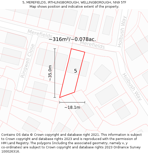 5, MEREFIELDS, IRTHLINGBOROUGH, WELLINGBOROUGH, NN9 5TF: Plot and title map