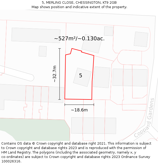 5, MERLING CLOSE, CHESSINGTON, KT9 2GB: Plot and title map