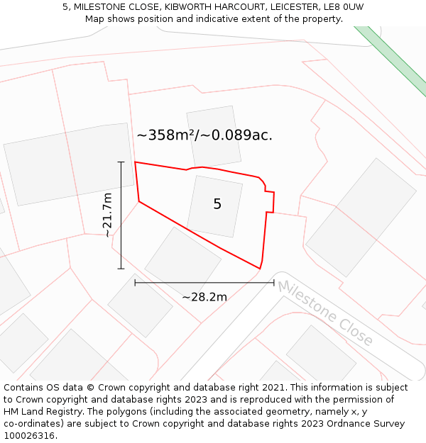 5, MILESTONE CLOSE, KIBWORTH HARCOURT, LEICESTER, LE8 0UW: Plot and title map