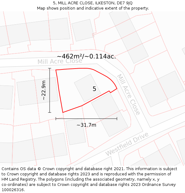 5, MILL ACRE CLOSE, ILKESTON, DE7 9JQ: Plot and title map