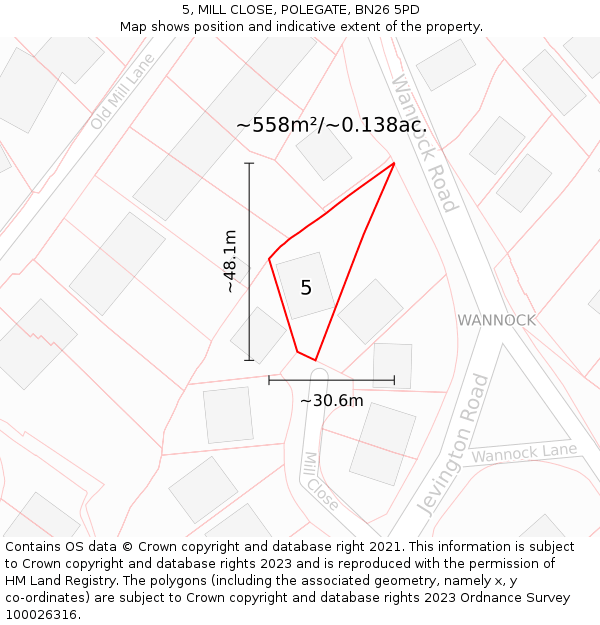 5, MILL CLOSE, POLEGATE, BN26 5PD: Plot and title map