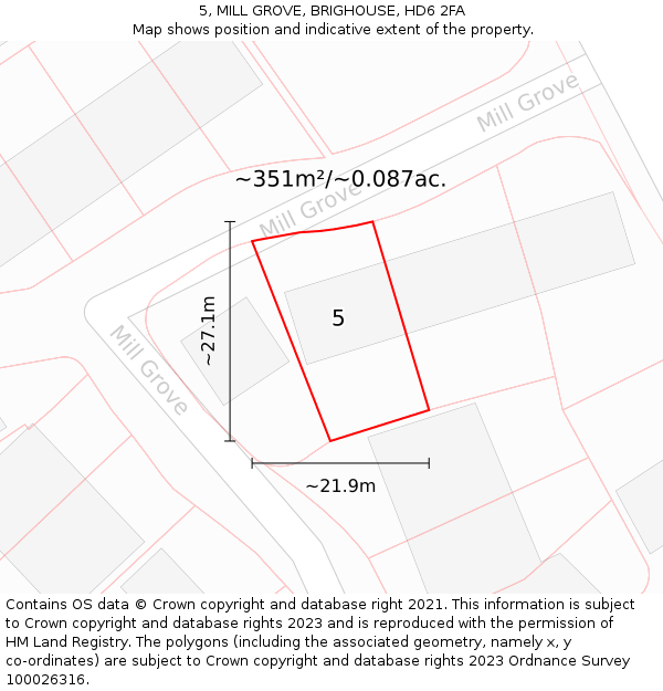 5, MILL GROVE, BRIGHOUSE, HD6 2FA: Plot and title map