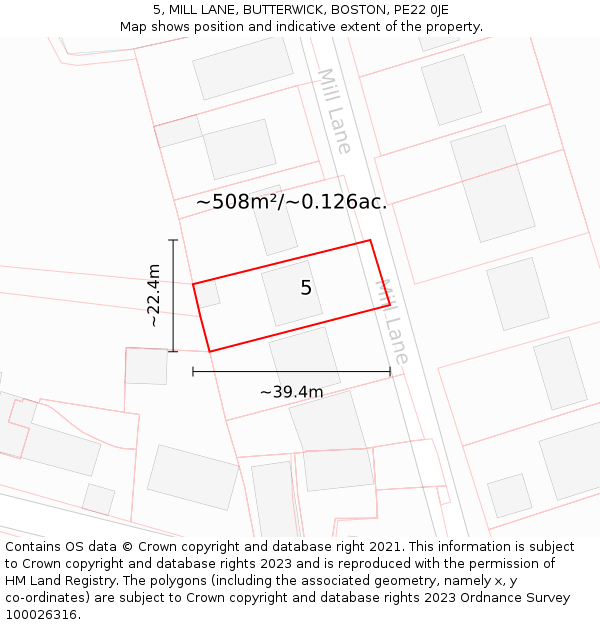 5, MILL LANE, BUTTERWICK, BOSTON, PE22 0JE: Plot and title map