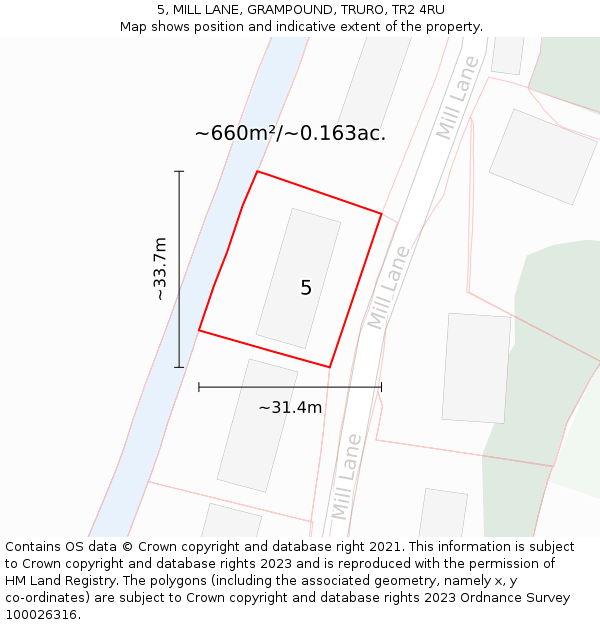 5, MILL LANE, GRAMPOUND, TRURO, TR2 4RU: Plot and title map