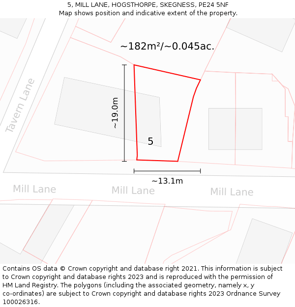 5, MILL LANE, HOGSTHORPE, SKEGNESS, PE24 5NF: Plot and title map