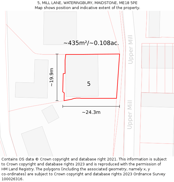 5, MILL LANE, WATERINGBURY, MAIDSTONE, ME18 5PE: Plot and title map