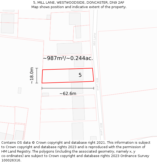 5, MILL LANE, WESTWOODSIDE, DONCASTER, DN9 2AF: Plot and title map