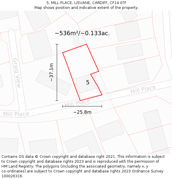 5, MILL PLACE, LISVANE, CARDIFF, CF14 0TF: Plot and title map