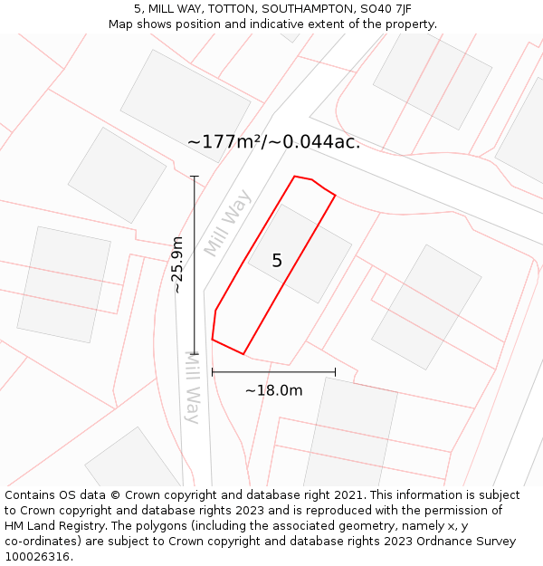 5, MILL WAY, TOTTON, SOUTHAMPTON, SO40 7JF: Plot and title map