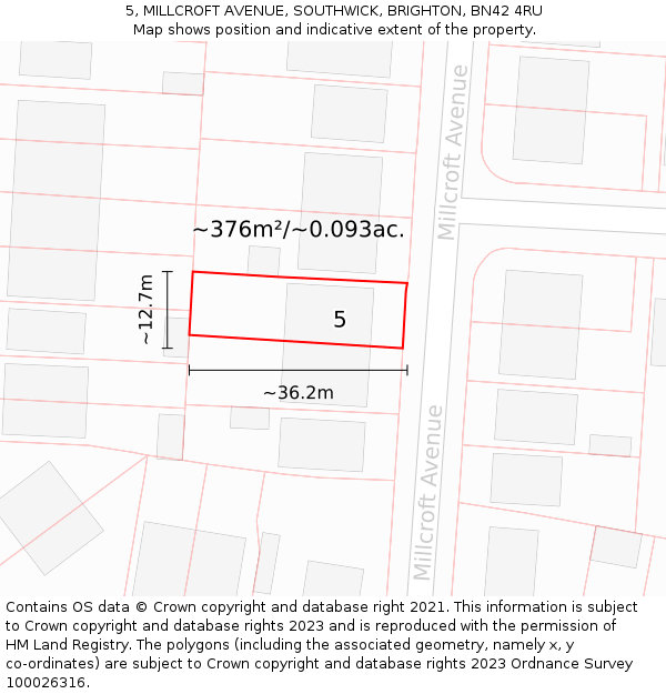 5, MILLCROFT AVENUE, SOUTHWICK, BRIGHTON, BN42 4RU: Plot and title map