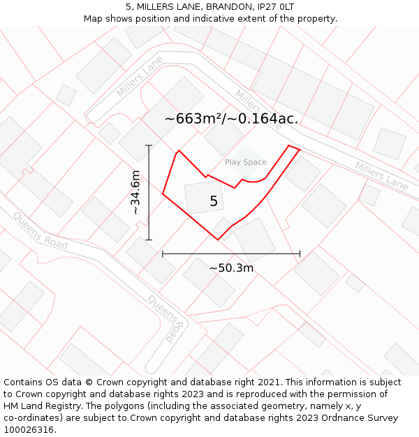 5, MILLERS LANE, BRANDON, IP27 0LT: Plot and title map