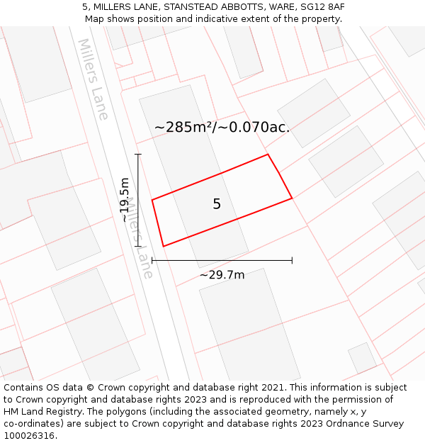 5, MILLERS LANE, STANSTEAD ABBOTTS, WARE, SG12 8AF: Plot and title map