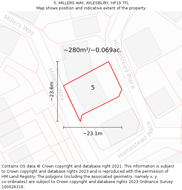 5, MILLERS WAY, AYLESBURY, HP19 7FL: Plot and title map