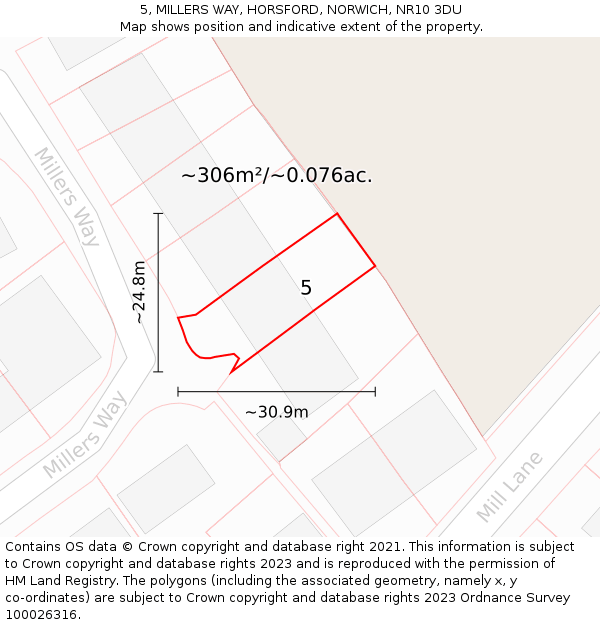 5, MILLERS WAY, HORSFORD, NORWICH, NR10 3DU: Plot and title map