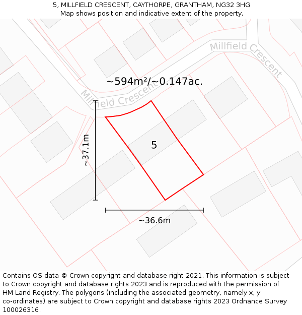 5, MILLFIELD CRESCENT, CAYTHORPE, GRANTHAM, NG32 3HG: Plot and title map