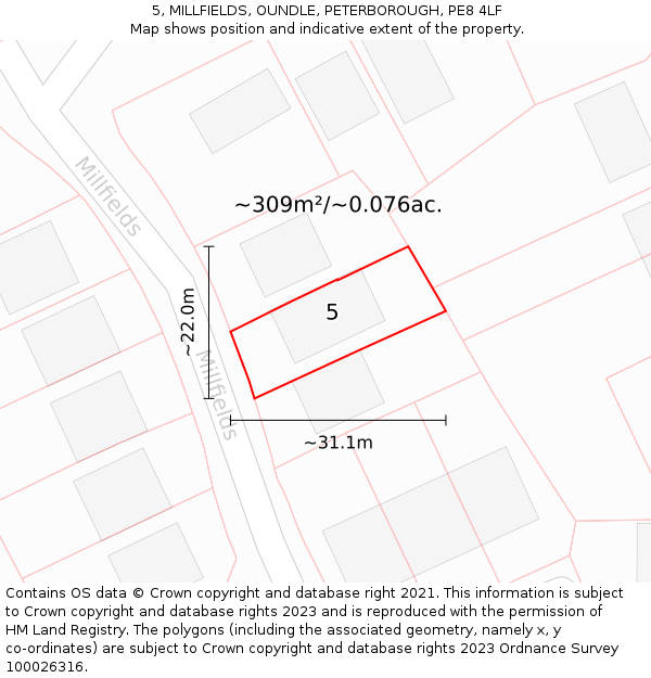 5, MILLFIELDS, OUNDLE, PETERBOROUGH, PE8 4LF: Plot and title map