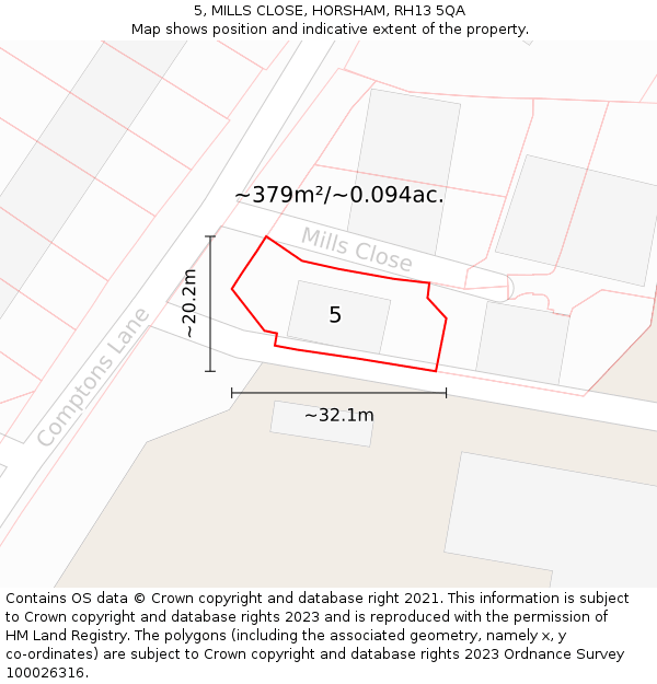 5, MILLS CLOSE, HORSHAM, RH13 5QA: Plot and title map