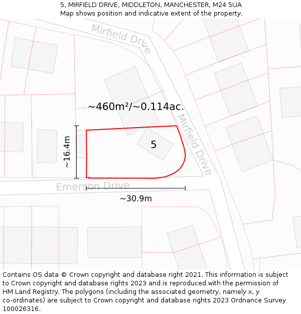 5, MIRFIELD DRIVE, MIDDLETON, MANCHESTER, M24 5UA: Plot and title map