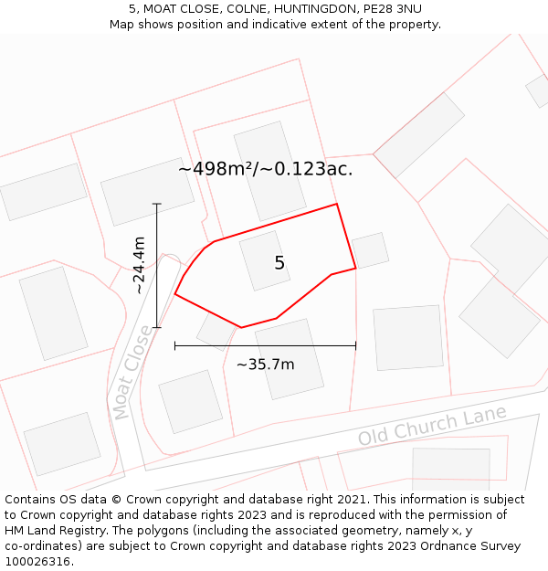 5, MOAT CLOSE, COLNE, HUNTINGDON, PE28 3NU: Plot and title map