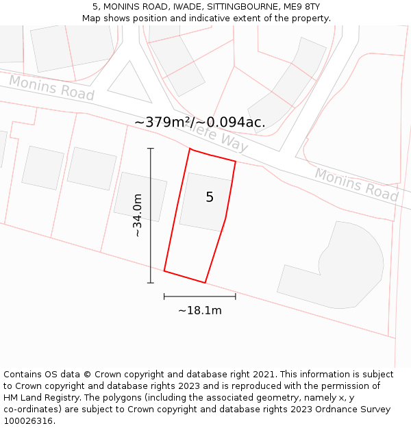 5, MONINS ROAD, IWADE, SITTINGBOURNE, ME9 8TY: Plot and title map