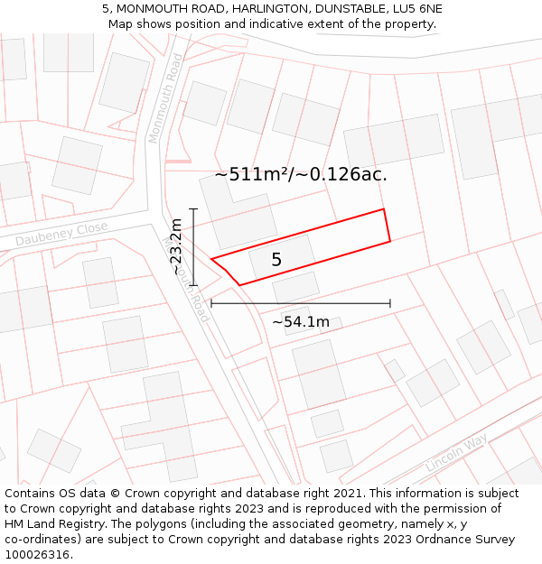 5, MONMOUTH ROAD, HARLINGTON, DUNSTABLE, LU5 6NE: Plot and title map