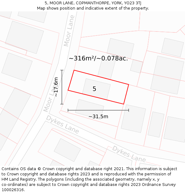 5, MOOR LANE, COPMANTHORPE, YORK, YO23 3TJ: Plot and title map