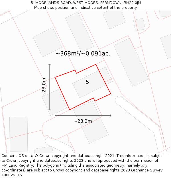 5, MOORLANDS ROAD, WEST MOORS, FERNDOWN, BH22 0JN: Plot and title map