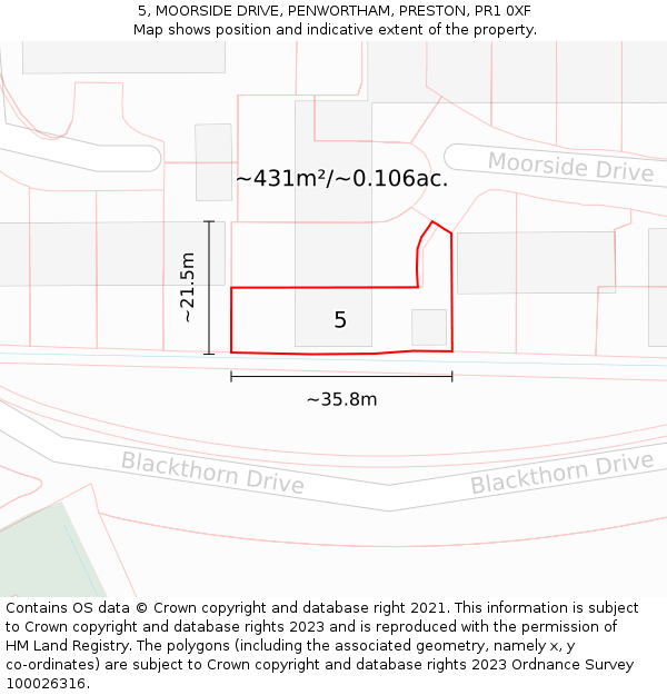 5, MOORSIDE DRIVE, PENWORTHAM, PRESTON, PR1 0XF: Plot and title map