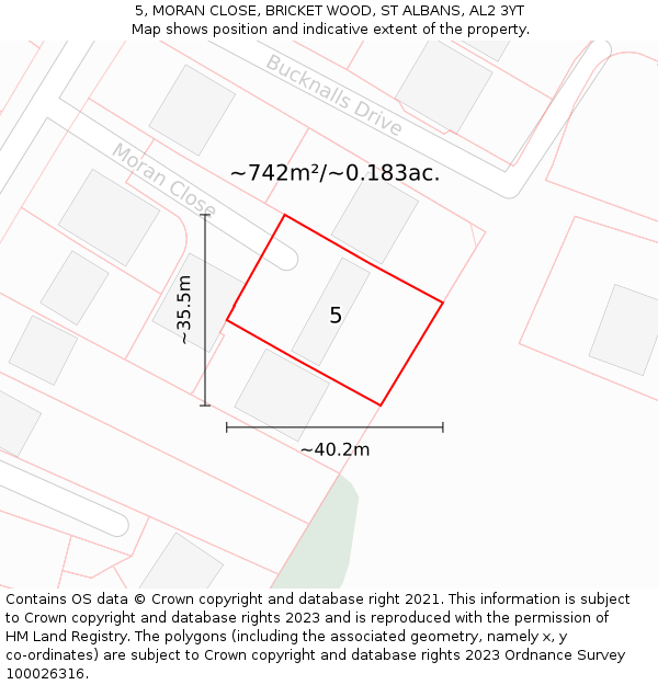 5, MORAN CLOSE, BRICKET WOOD, ST ALBANS, AL2 3YT: Plot and title map
