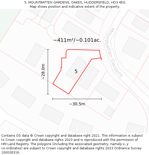 5, MOUNTBATTEN GARDENS, OAKES, HUDDERSFIELD, HD3 4EG: Plot and title map