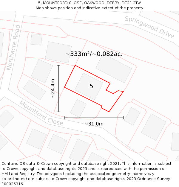 5, MOUNTFORD CLOSE, OAKWOOD, DERBY, DE21 2TW: Plot and title map