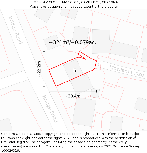5, MOWLAM CLOSE, IMPINGTON, CAMBRIDGE, CB24 9NA: Plot and title map