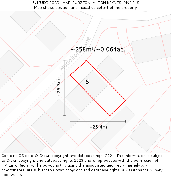 5, MUDDIFORD LANE, FURZTON, MILTON KEYNES, MK4 1LS: Plot and title map