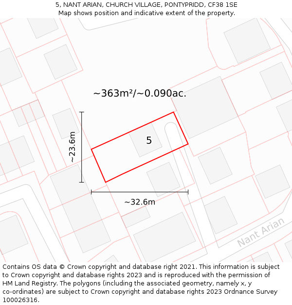 5, NANT ARIAN, CHURCH VILLAGE, PONTYPRIDD, CF38 1SE: Plot and title map