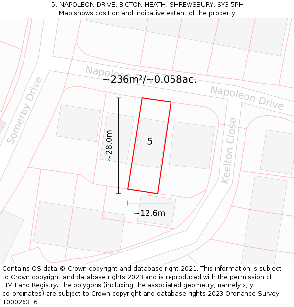 5, NAPOLEON DRIVE, BICTON HEATH, SHREWSBURY, SY3 5PH: Plot and title map