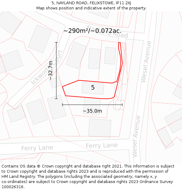 5, NAYLAND ROAD, FELIXSTOWE, IP11 2XJ: Plot and title map