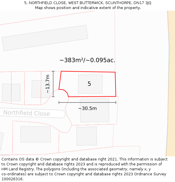 5, NORTHFIELD CLOSE, WEST BUTTERWICK, SCUNTHORPE, DN17 3JQ: Plot and title map