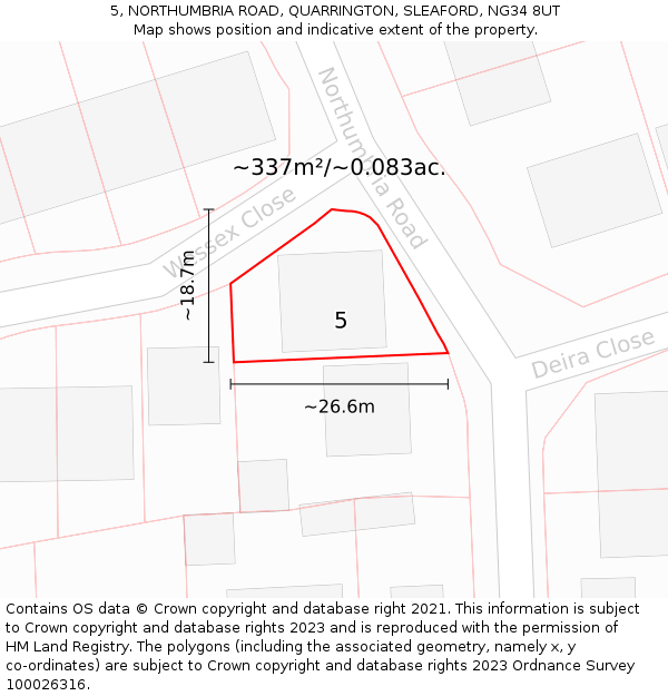 5, NORTHUMBRIA ROAD, QUARRINGTON, SLEAFORD, NG34 8UT: Plot and title map