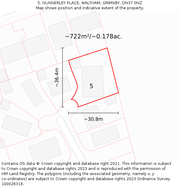 5, NUNNERLEY PLACE, WALTHAM, GRIMSBY, DN37 0NZ: Plot and title map