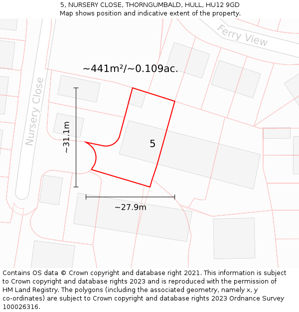 5, NURSERY CLOSE, THORNGUMBALD, HULL, HU12 9GD: Plot and title map