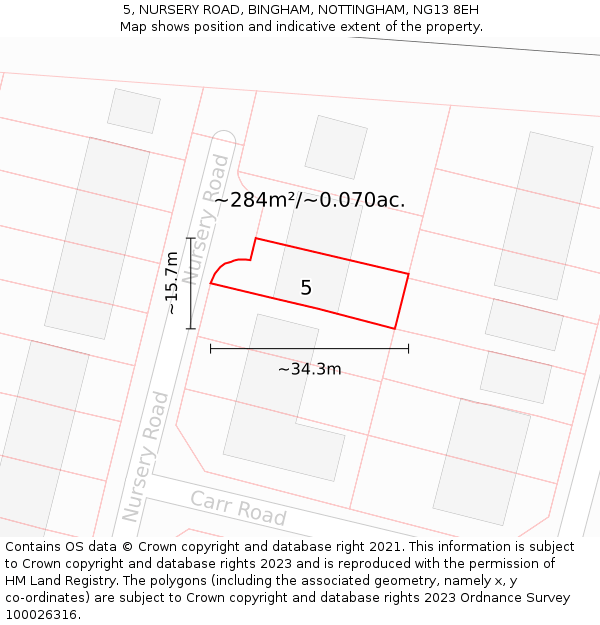 5, NURSERY ROAD, BINGHAM, NOTTINGHAM, NG13 8EH: Plot and title map