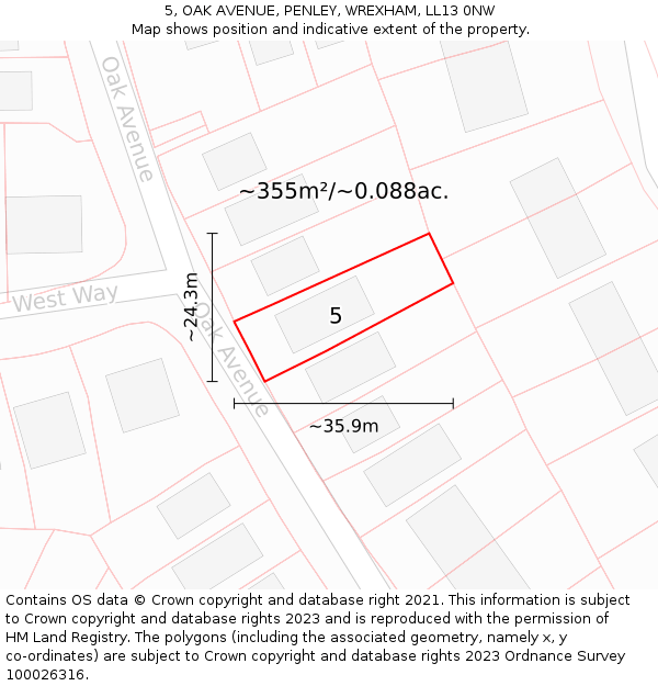 5, OAK AVENUE, PENLEY, WREXHAM, LL13 0NW: Plot and title map